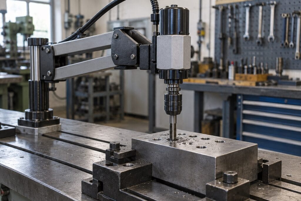 Electric tapping arm cutting a thread into a steel block clamped on a machine table