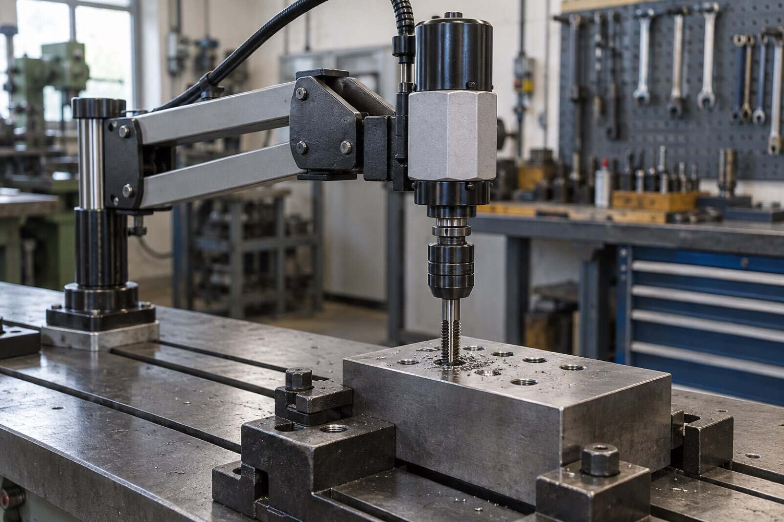 Electric tapping arm cutting a thread into a steel block clamped on a machine table
