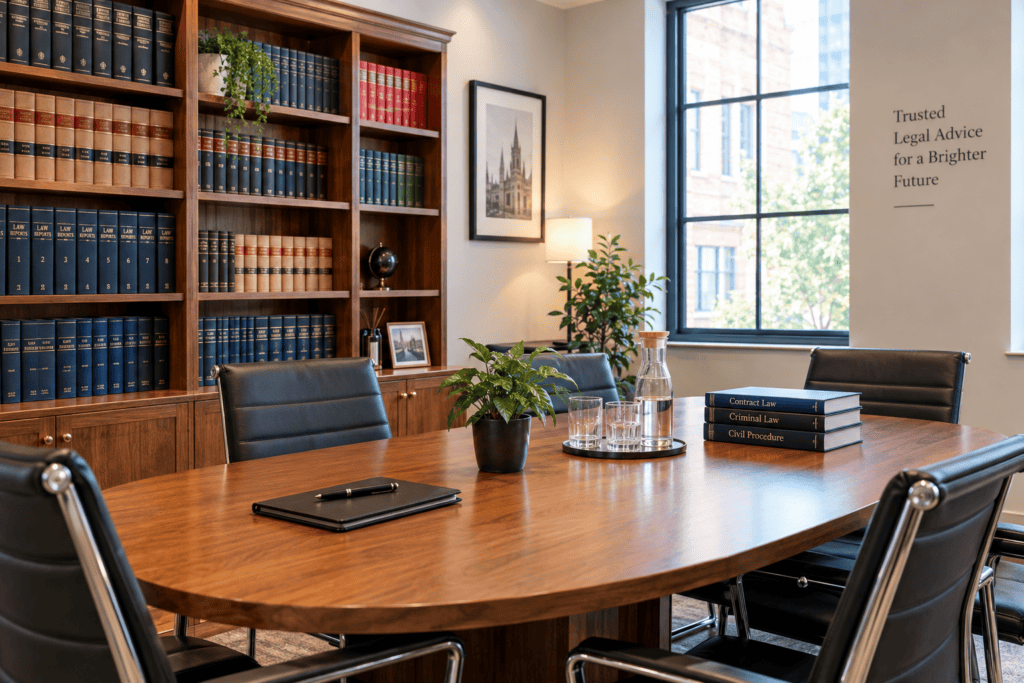 Solicitor's office with bookshelves of law reports and a welcoming meeting table