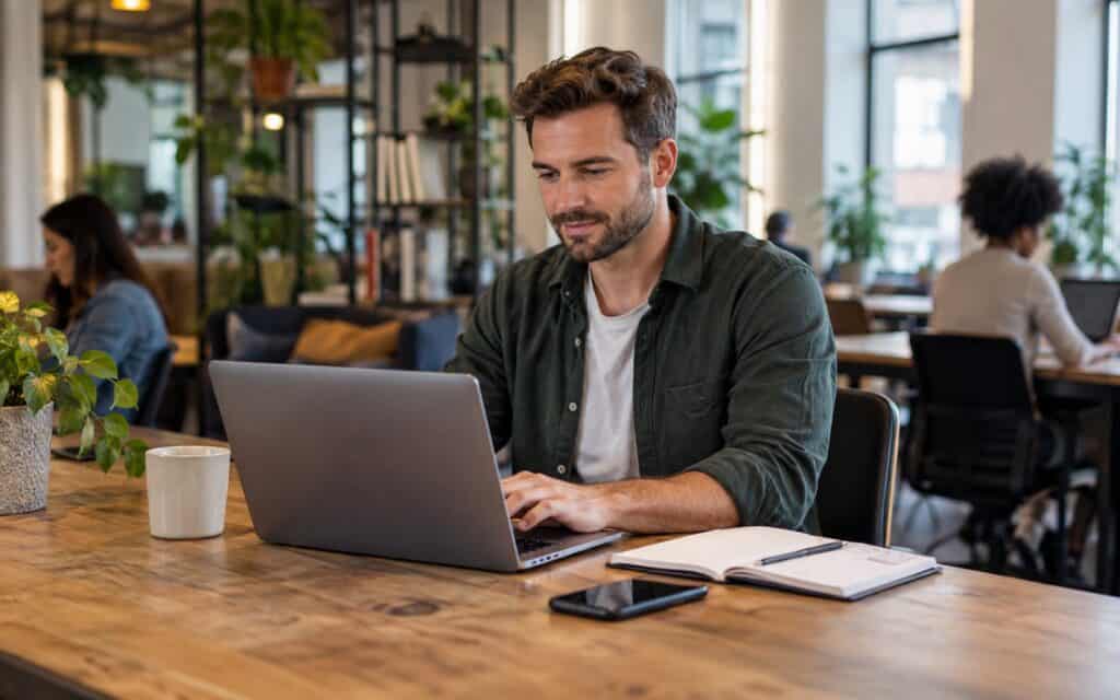 Man working on a laptop at a wooden table in a busy co-working space