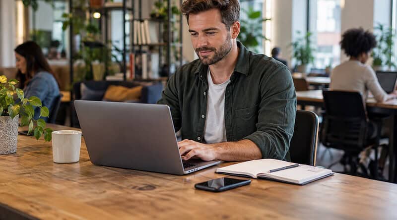 Man working on a laptop at a wooden table in a busy co-working space