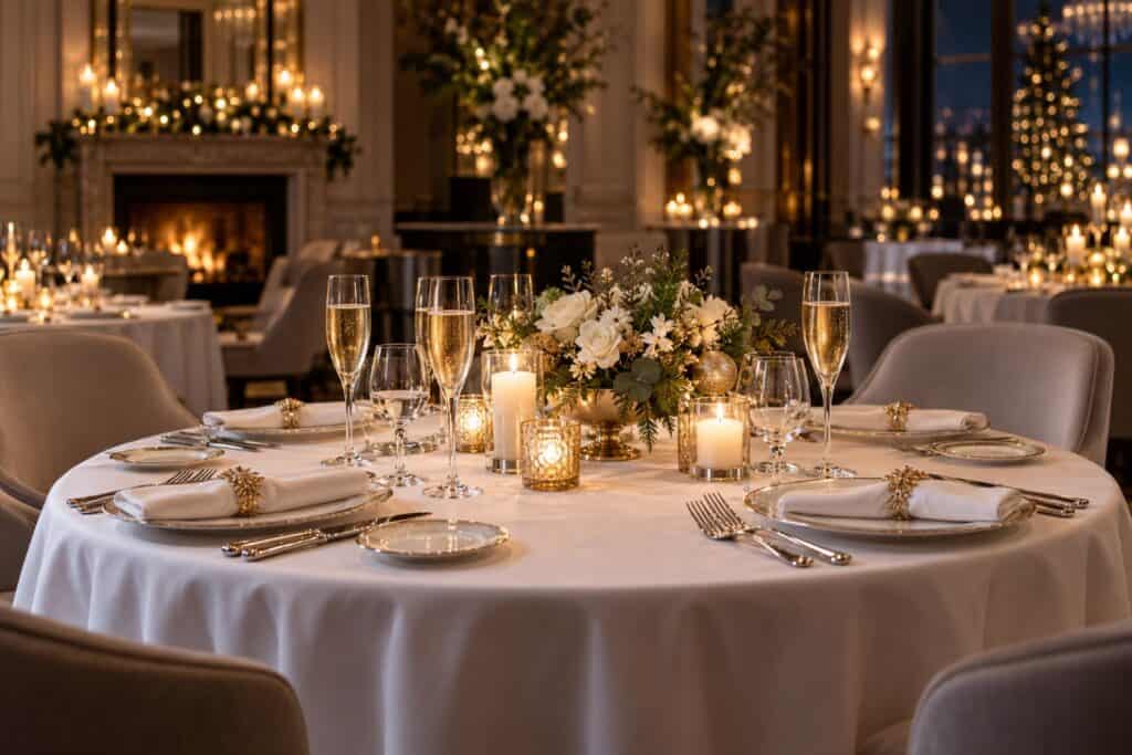 Candlelit hotel dining table set with champagne glasses, white roses and gold napkin rings