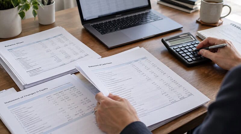 Printed balance sheet and cash flow statements on a desk beside a calculator and laptop