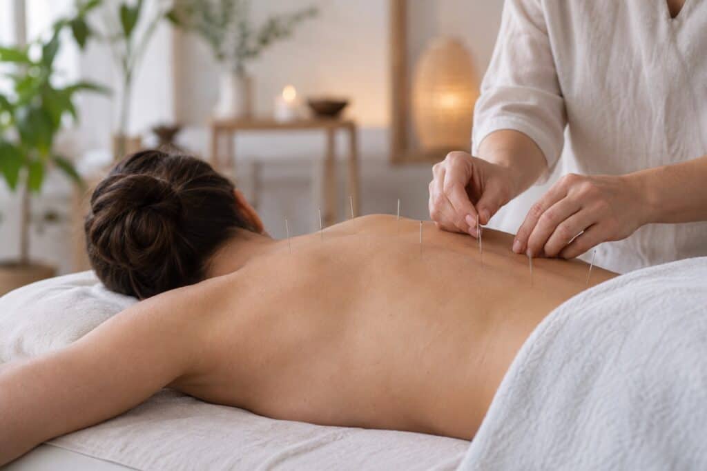 Practitioner placing acupuncture needles in the back of a woman lying face down on a treatment couch