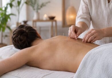 Practitioner placing acupuncture needles in the back of a woman lying face down on a treatment couch