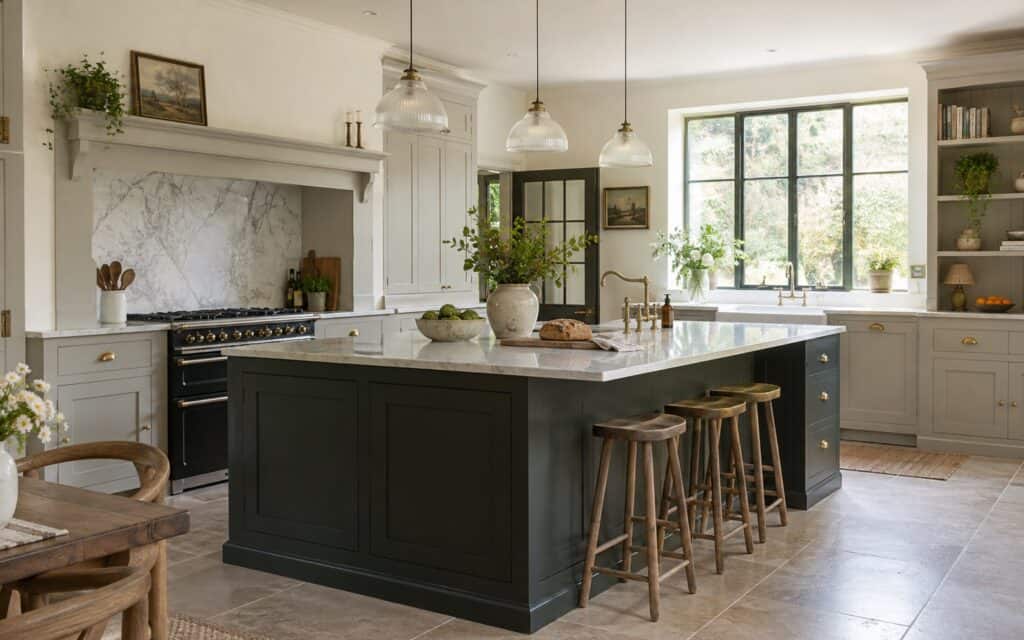 Shaker-style kitchen with a dark green island, marble worktop and wooden bar stools