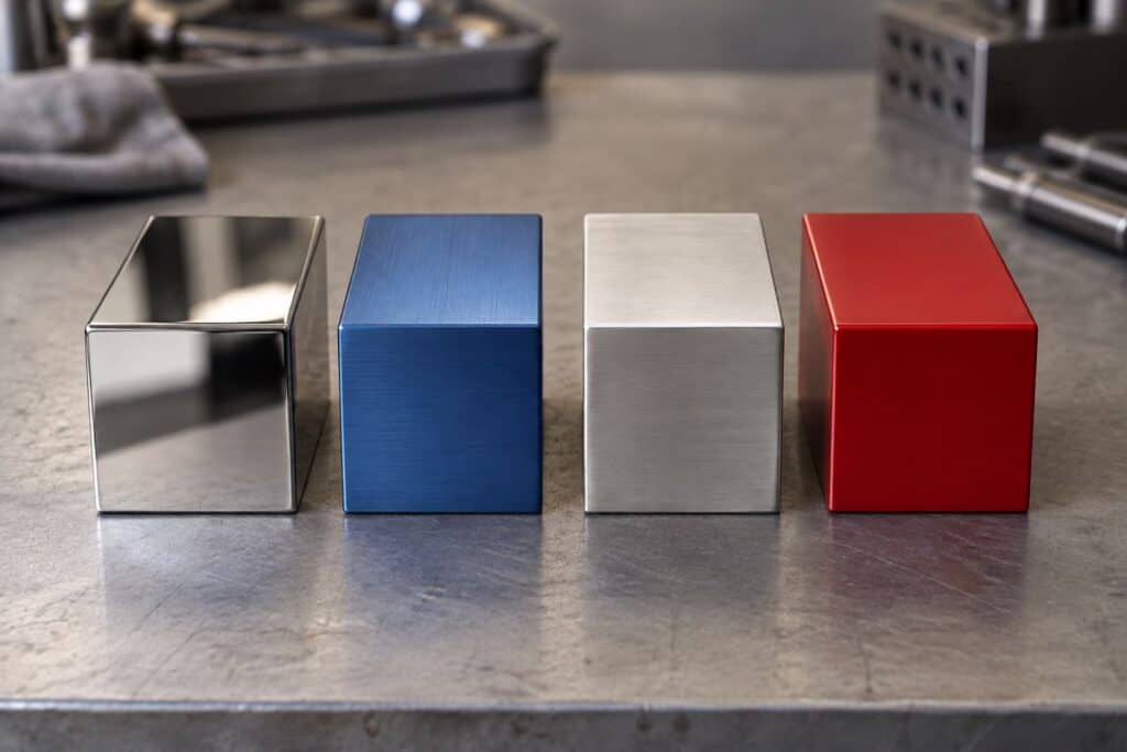 Four metal blocks with polished chrome, brushed blue, satin silver and glossy red finishes
