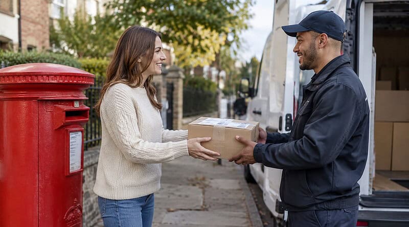 Woman handing a parcel to a courier by a delivery van next to a red post box