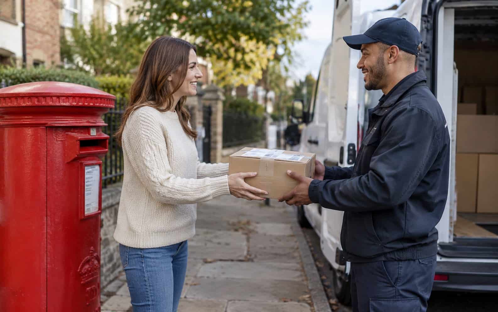 Woman handing a parcel to a courier by a delivery van next to a red post box