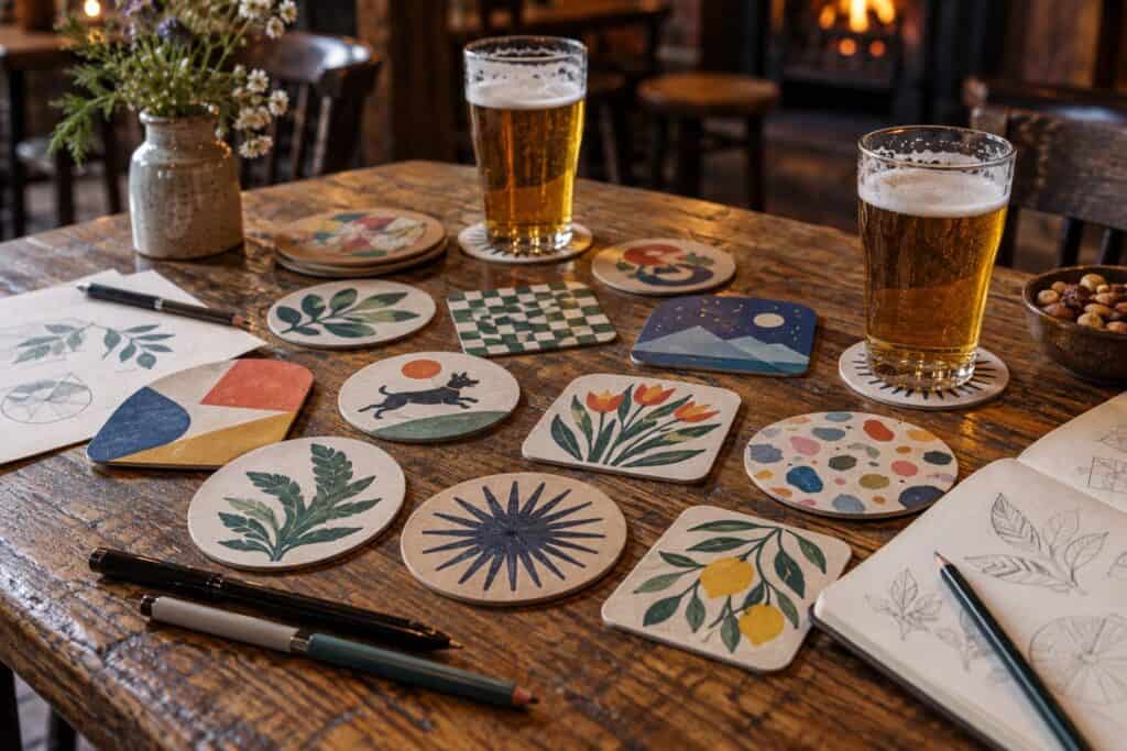 Hand-illustrated beer mats spread across a pub table beside two pints and a sketchbook