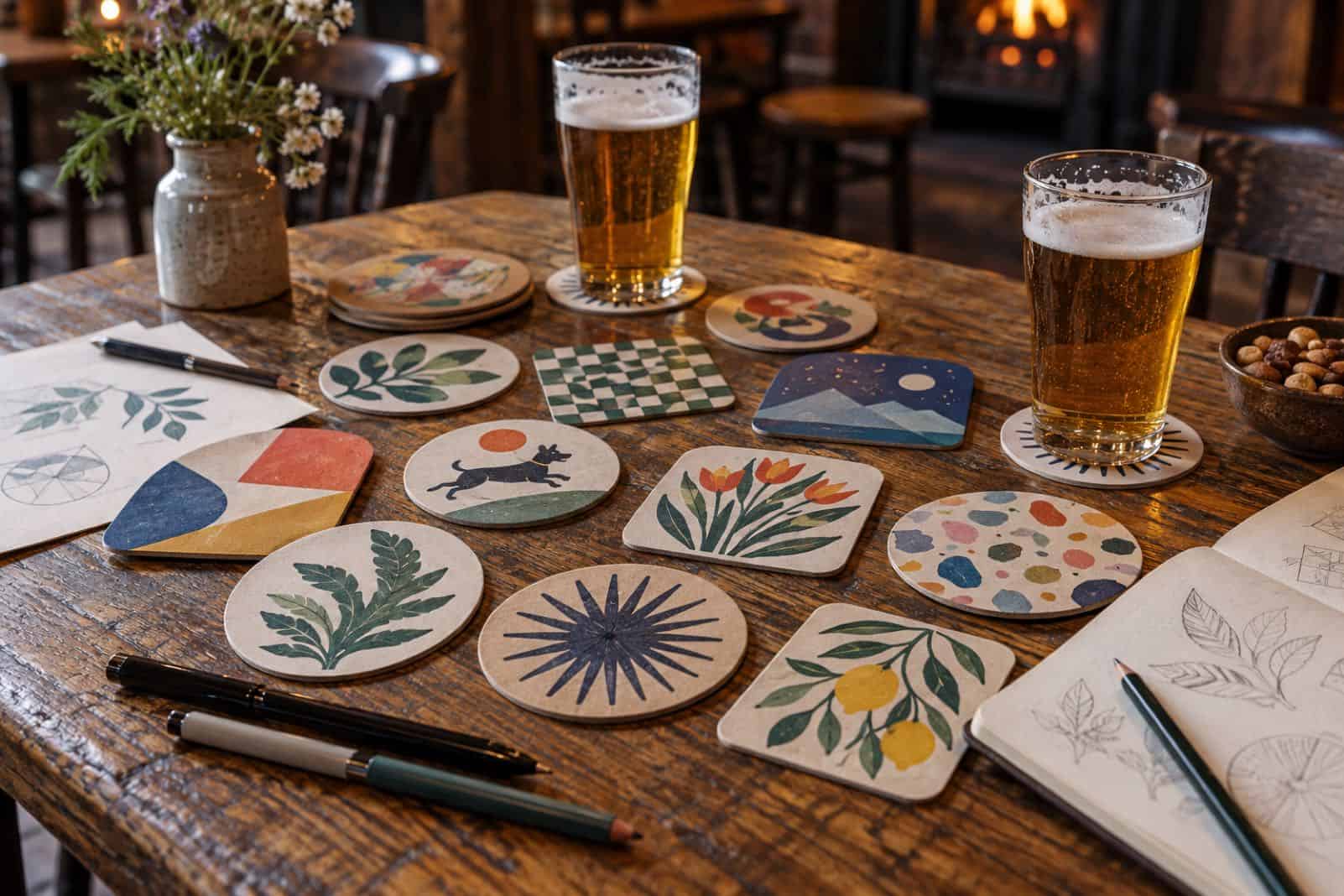 Hand-illustrated beer mats spread across a pub table beside two pints and a sketchbook