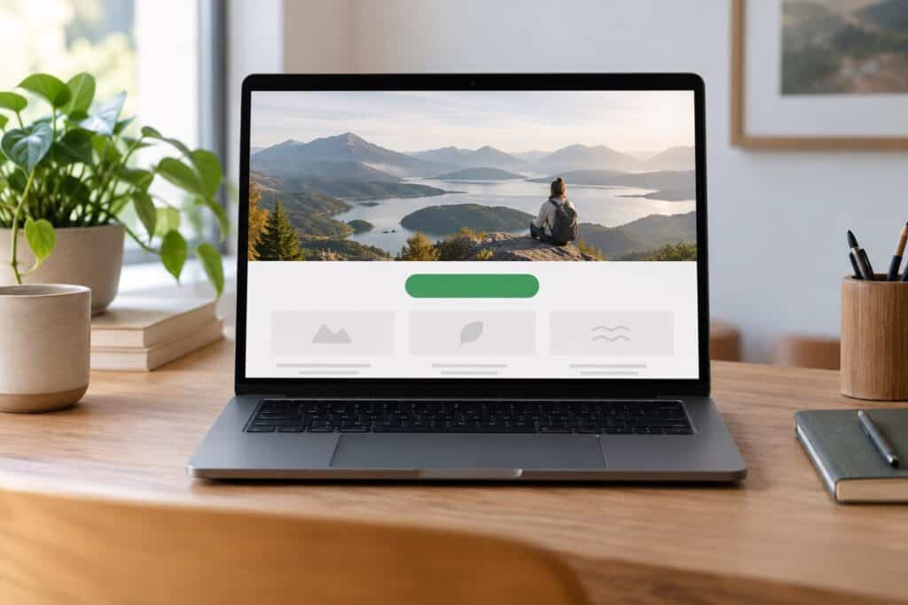 Laptop showing a web page with a landscape banner and a green call-to-action button