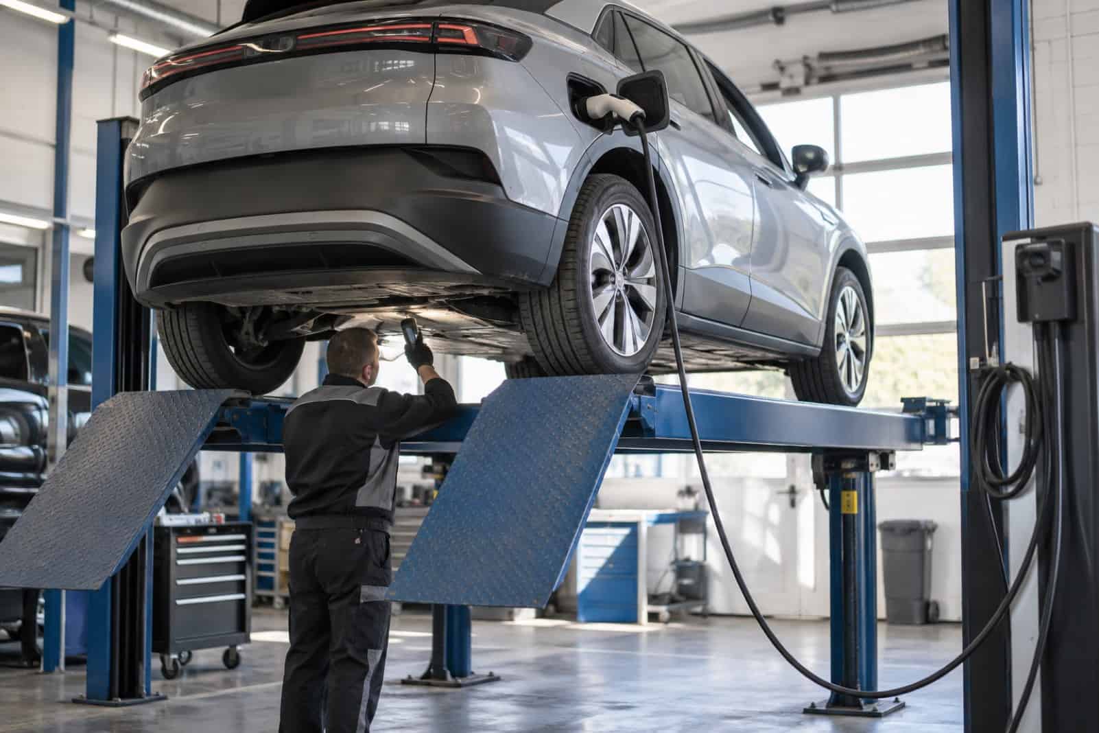 Mechanic inspecting the underside of a silver electric SUV on a vehicle lift in a garage