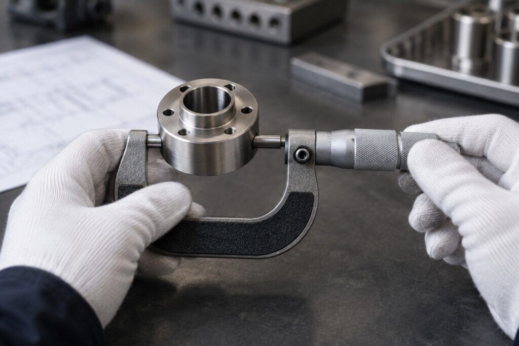 Gloved hands measuring a plated metal flange with a micrometer on an inspection bench