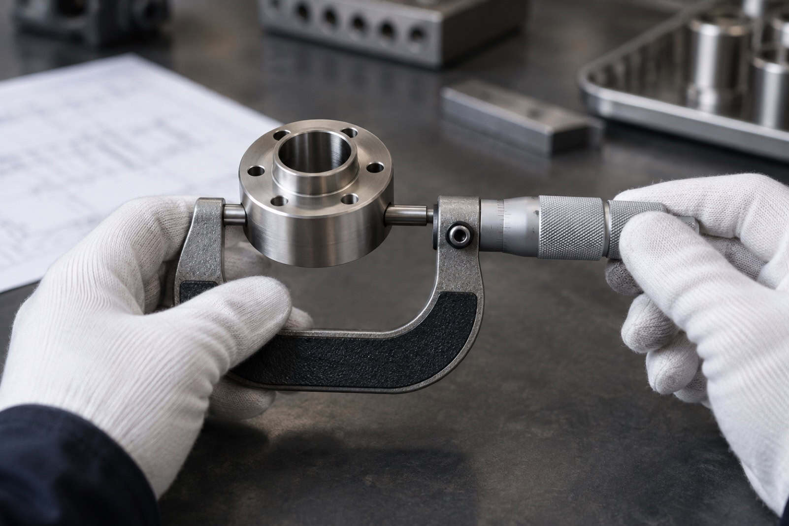 Gloved hands measuring a plated metal flange with a micrometer on an inspection bench