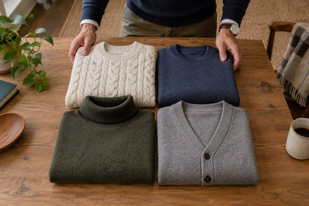 Four folded sweaters on a wooden table: cream cable knit, navy crew neck, green roll neck and grey button cardigan
