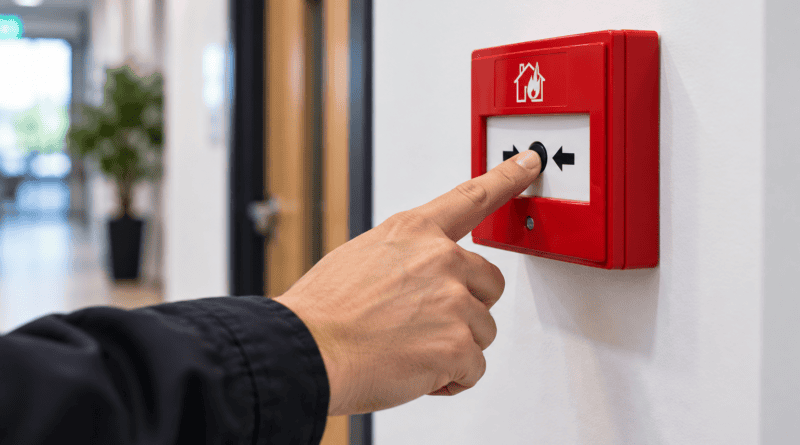Hand pressing the button on a red fire alarm call point in an office corridor