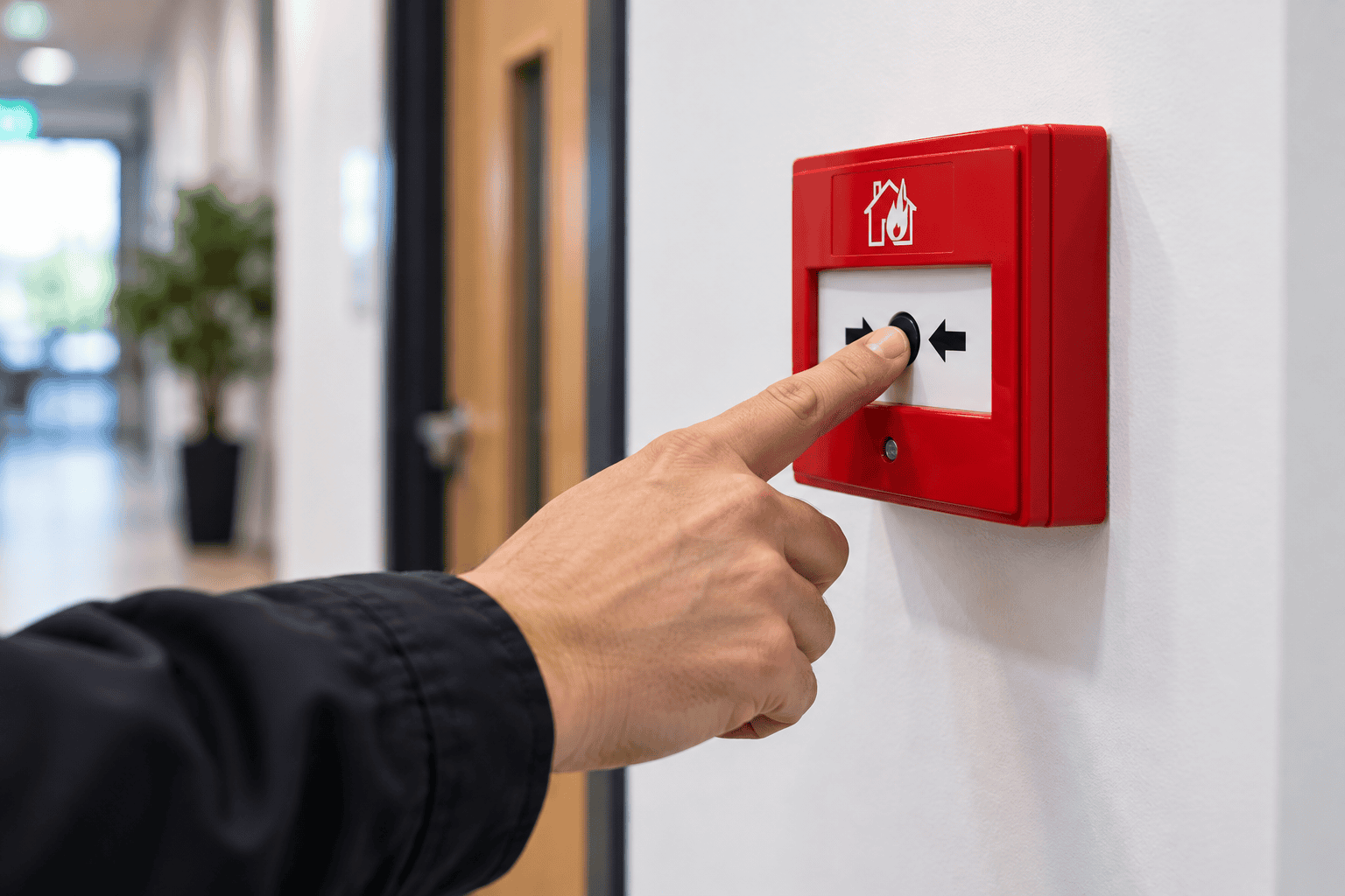 Hand pressing the button on a red fire alarm call point in an office corridor