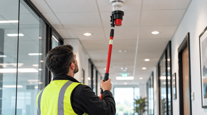 Engineer in a hi-vis vest testing a ceiling smoke detector with a red pole tester