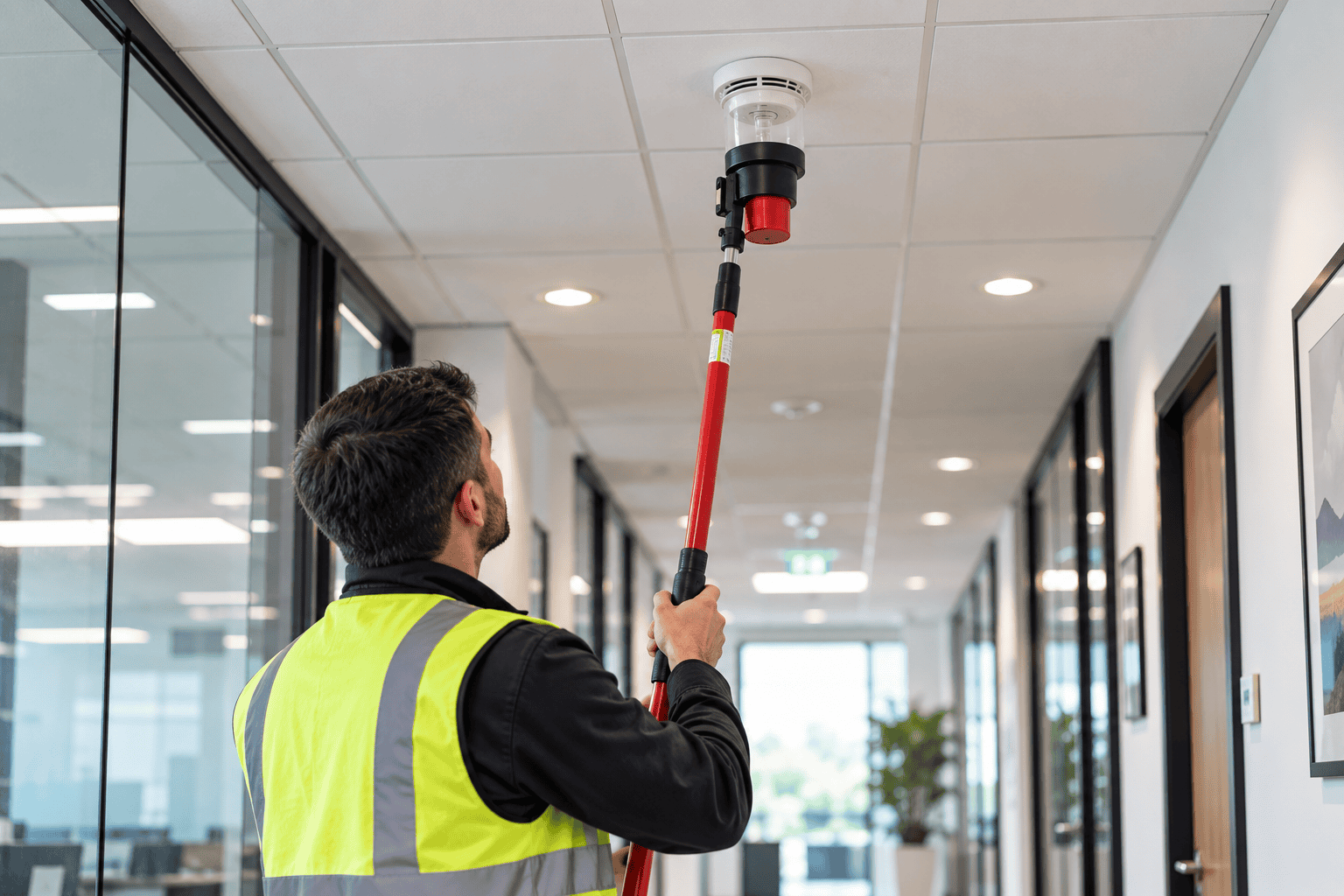 Engineer in a hi-vis vest testing a ceiling smoke detector with a red pole tester