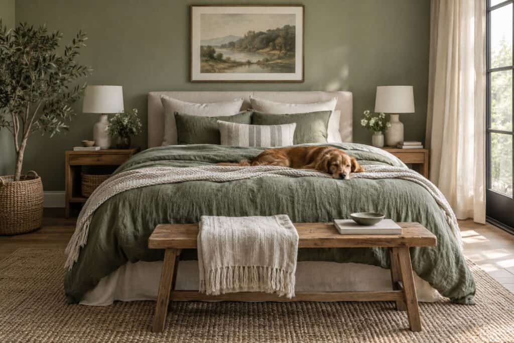 Sage green bedroom with linen bedding, a sleeping golden retriever and a wooden bench