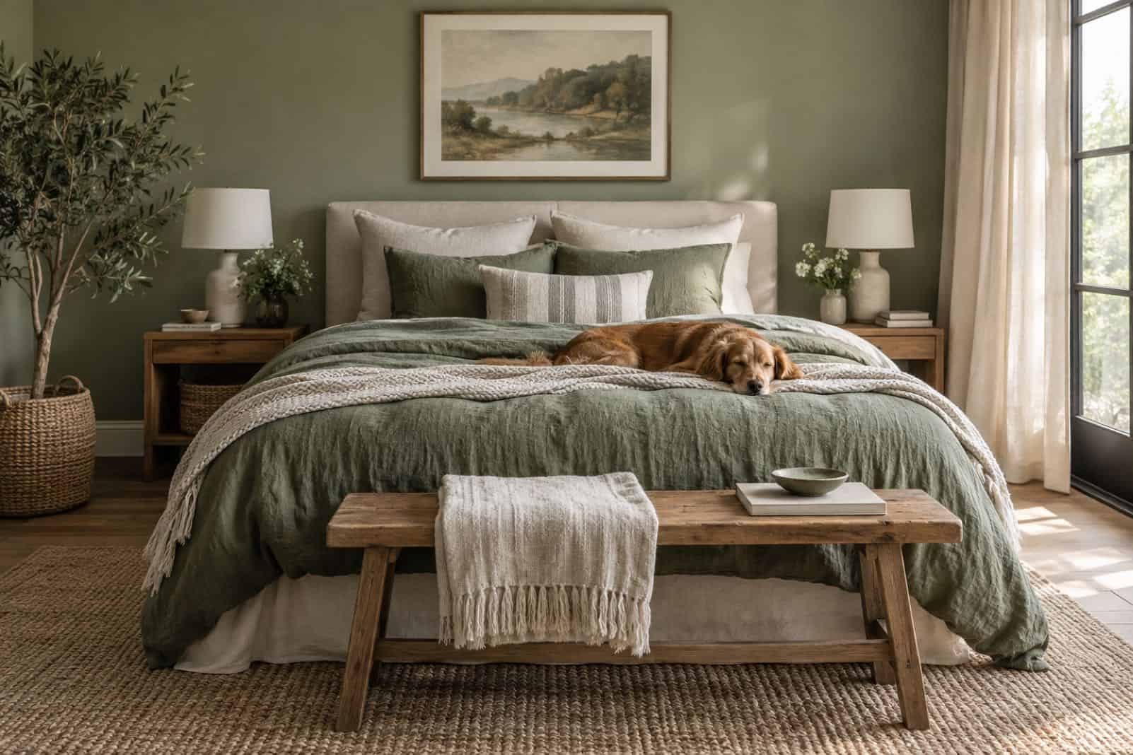 Sage green bedroom with linen bedding, a sleeping golden retriever and a wooden bench