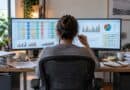 Person at a desk seen from behind, looking at two monitors showing spreadsheets and charts