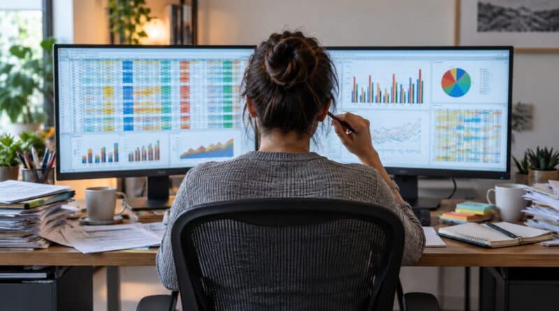 Person at a desk seen from behind, looking at two monitors showing spreadsheets and charts