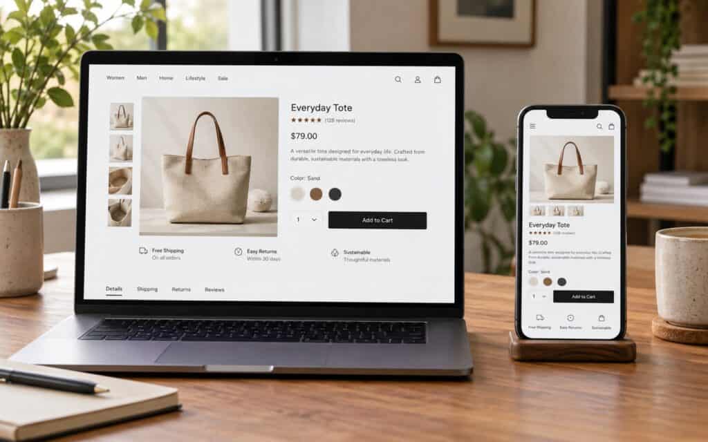 Laptop and smartphone on a desk showing the same online shop product page for a tote bag