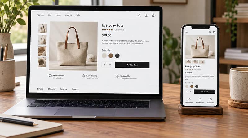 Laptop and smartphone on a desk showing the same online shop product page for a tote bag