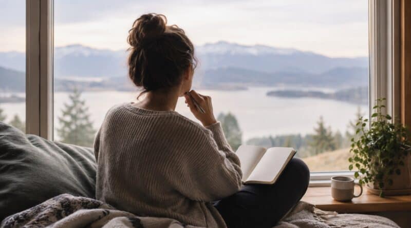 Woman sitting on a bed with a notebook, looking out of a window at a lake and hills