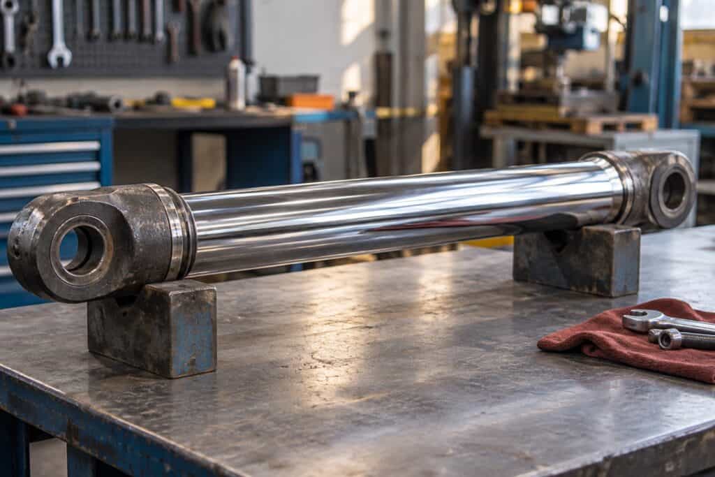 Shiny chrome-plated hydraulic rod resting on steel V-blocks on a workshop bench