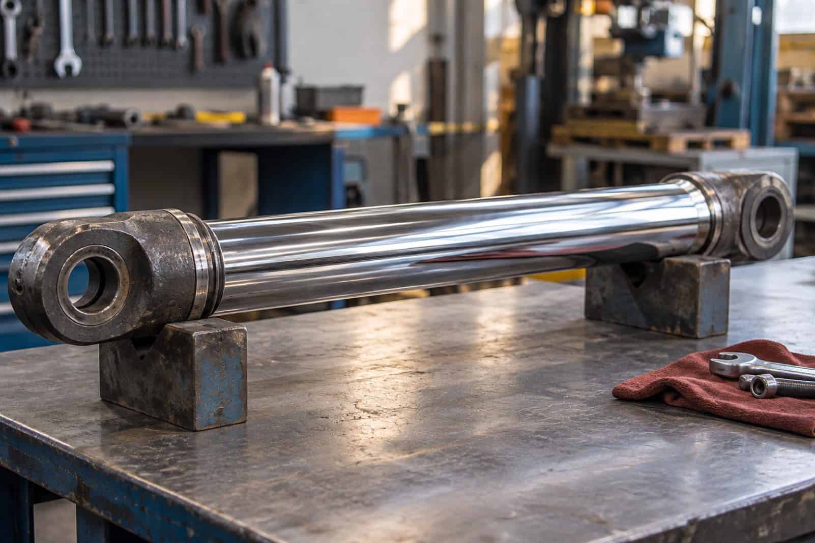Shiny chrome-plated hydraulic rod resting on steel V-blocks on a workshop bench