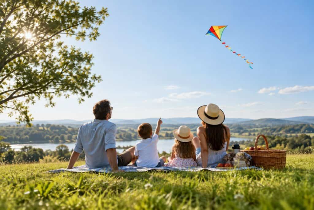 Family on a picnic blanket on a hilltop watching a colourful kite over a lake