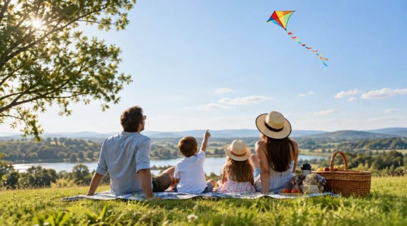 Family on a picnic blanket on a hilltop watching a colourful kite over a lake