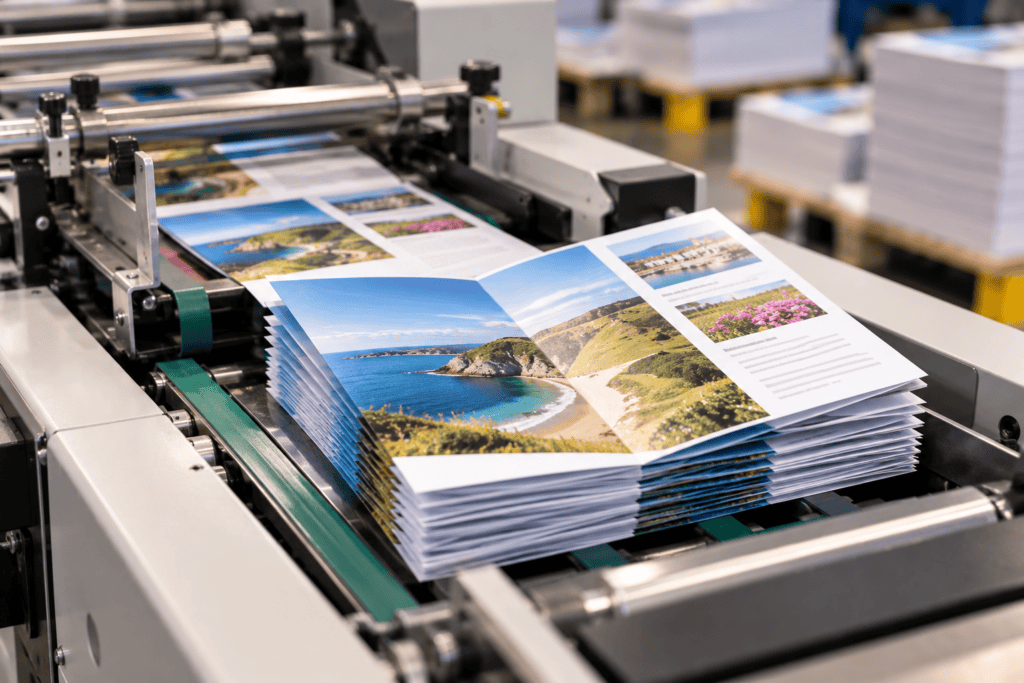 Folded travel brochures stacked on a print finishing machine