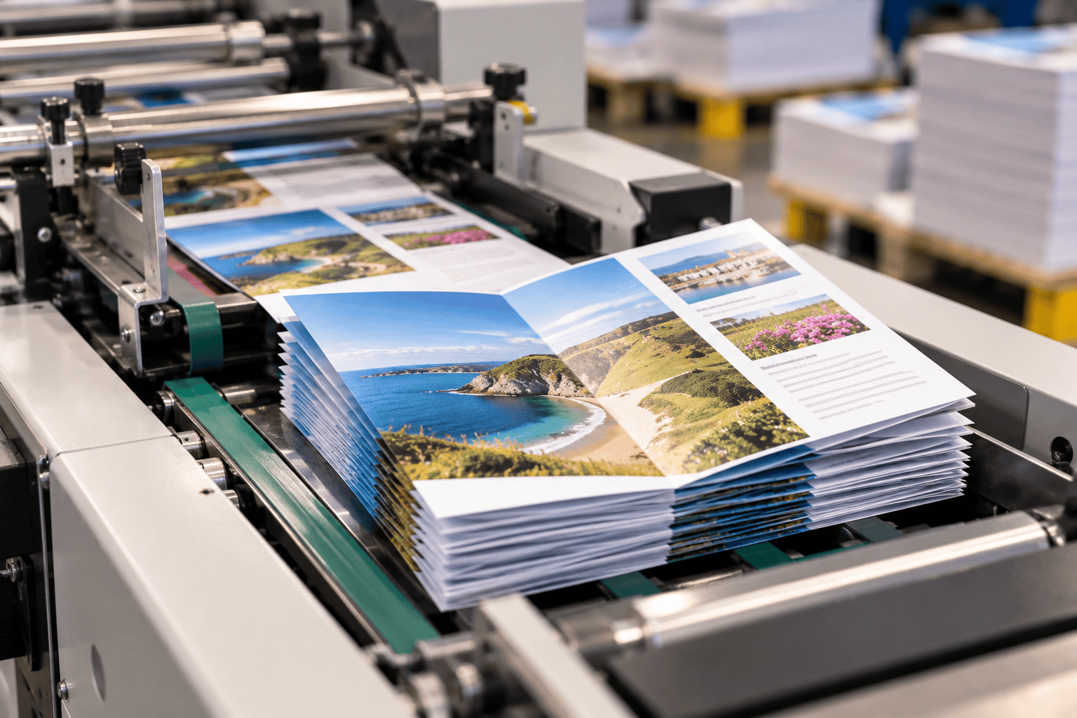 Folded travel brochures stacked on a print finishing machine