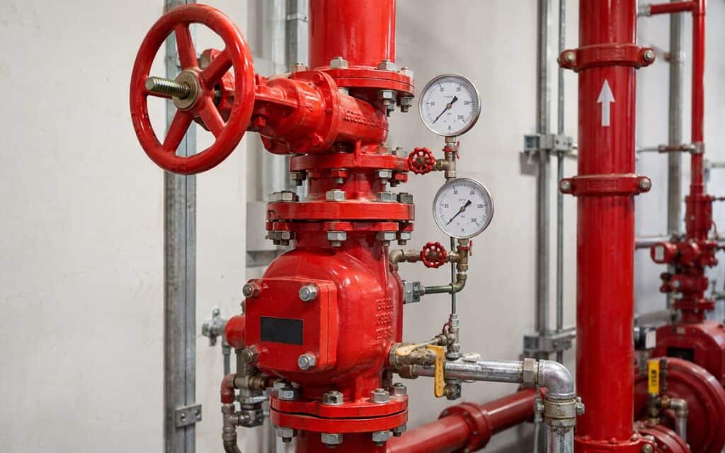 Red sprinkler valve with a handwheel and two pressure gauges on fire mains in a plant room