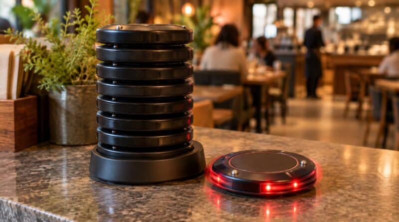 Stack of black restaurant guest pagers on a counter, with one pager flashing red