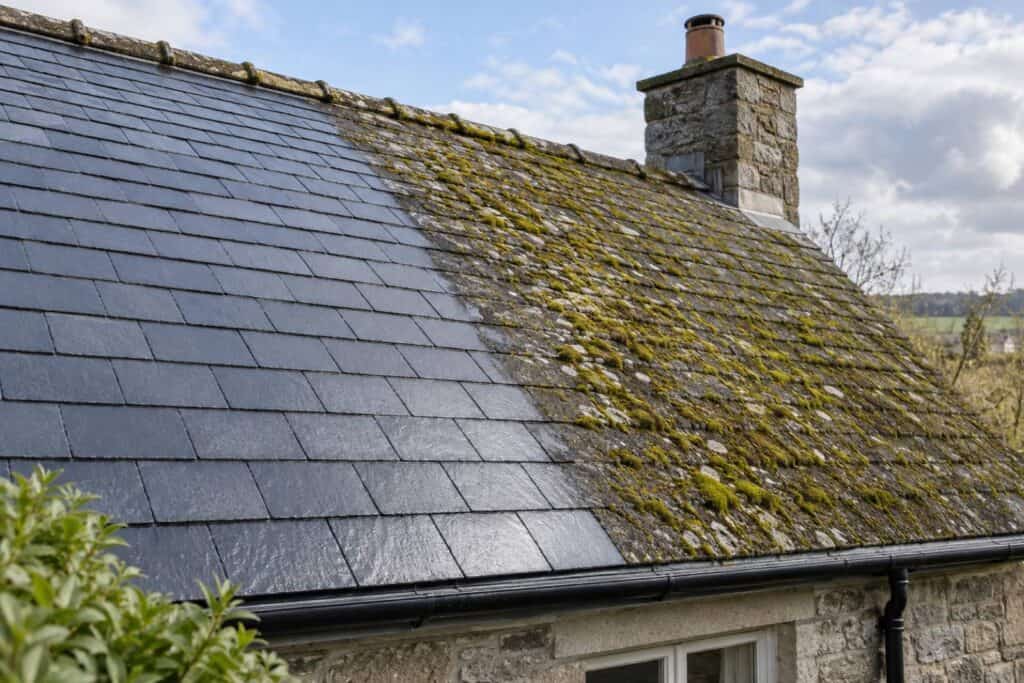 Slate roof half cleaned, showing clean slates beside a mossy section