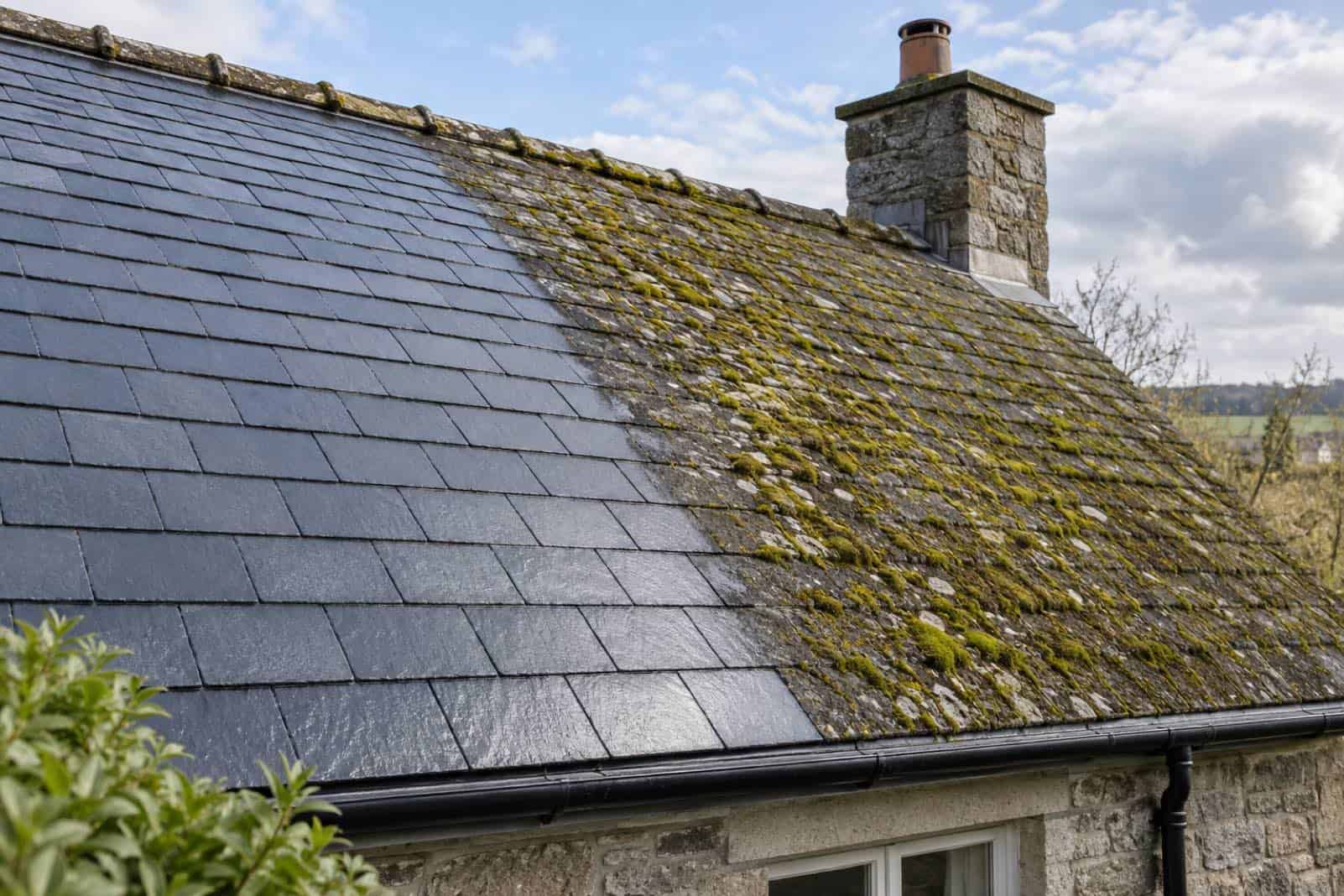 Slate roof half cleaned, showing clean slates beside a mossy section