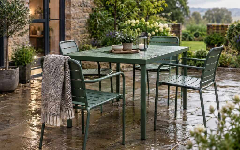 Green metal garden table and chairs on a wet stone patio beside a cottage garden
