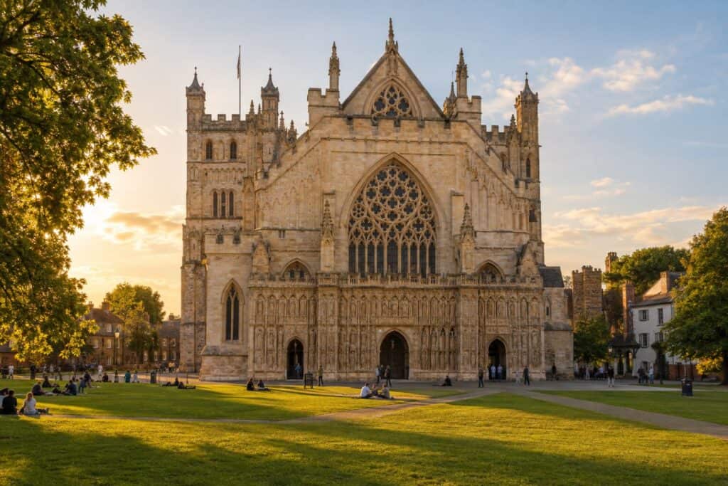Gothic cathedral west front with a large tracery window in low sunlight, people sitting on the lawn in front
