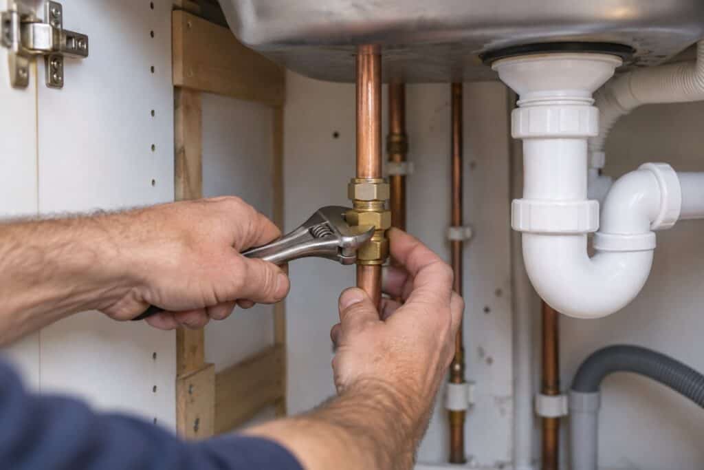 Hands tightening a brass compression fitting on a copper pipe under a kitchen sink with a spanner