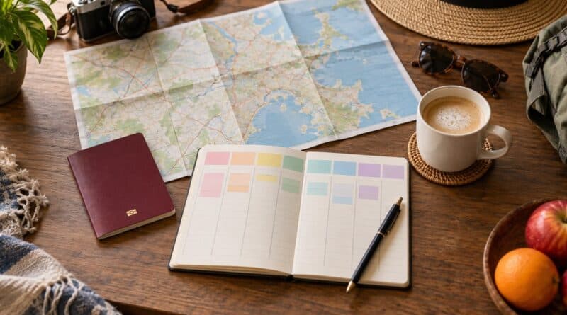 Road map, open planner with coloured tabs, passport, pen, camera, sunglasses and coffee on a wooden table