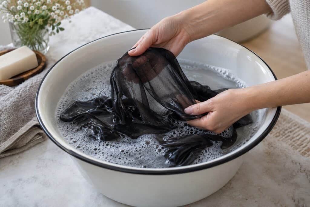 Hands washing black sheer tights in a white enamel bowl of soapy water beside a bar of soap and a towel