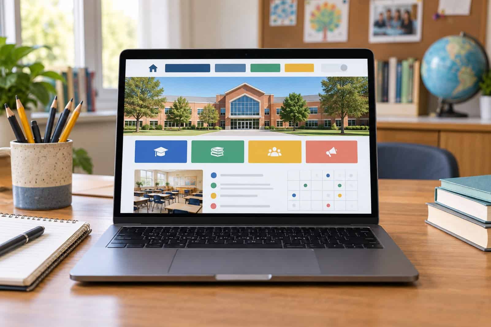 Laptop on a classroom desk showing a school website with colourful navigation tiles