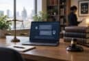Laptop showing a chatbot conversation on a desk with scales of justice, a gavel and law books