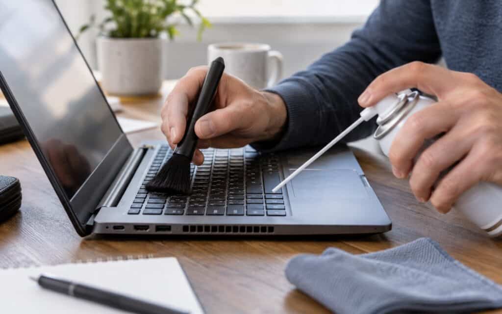 Hands cleaning a laptop keyboard with a soft brush and a can of compressed air