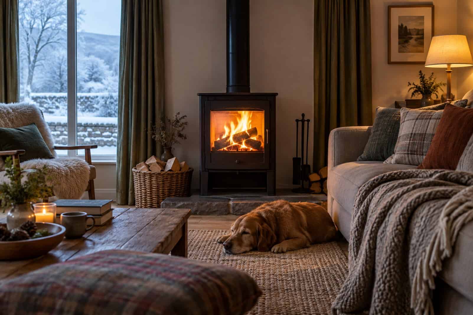 Dog asleep on a rug in front of a lit wood-burning stove in a cosy living room